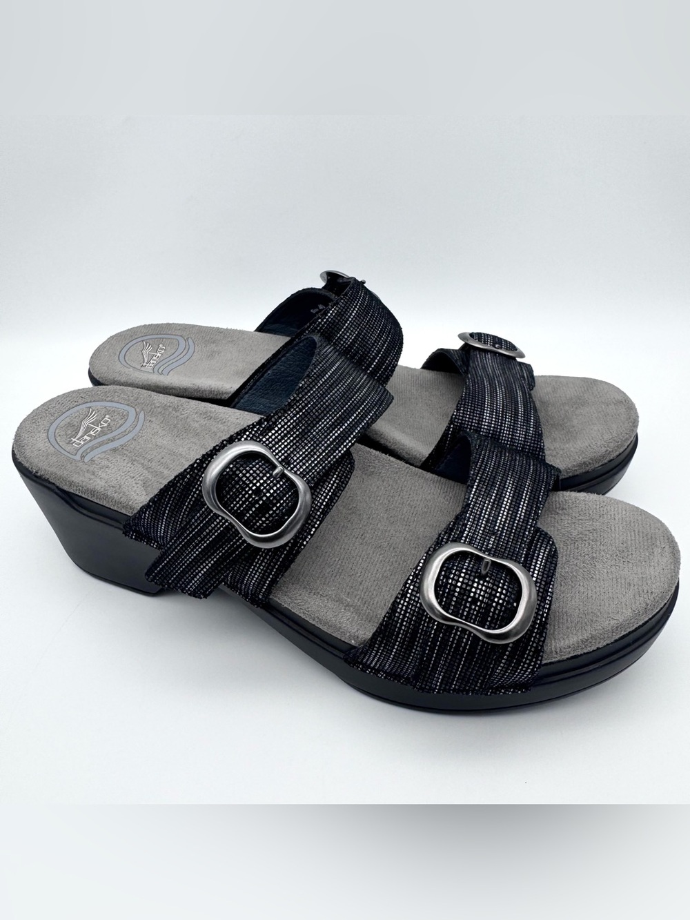 Dansko Sophie Black Metallic Double Strap Wedge Sandals Women EU 40 US 9.5-10